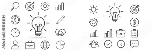 Creative business concepts represented through simple line art symbols depicting ideas, teamwork, and strategies in a modern setting