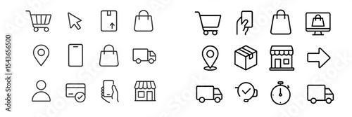 Collection of ecommerce icons depicting shopping, delivery, and consumer interactions in a minimalist style