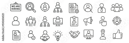 Hiring process icons showing recruitment, teamwork, and job application activities in a simple graphic style