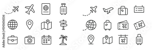 Collection of travel-related icons depicting various activities, tools, and symbols for planning trips and vacations