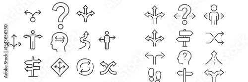 Collection of directional symbols and icons showcasing navigation and choices in various contexts