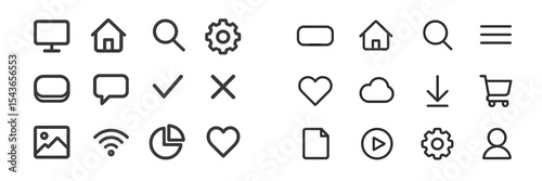 Collection of minimalist icons representing various digital activities and functions in modern technology