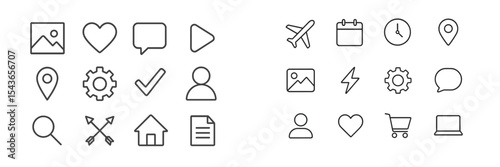 Collection of simple line icons representing various activities and objects for design purposes