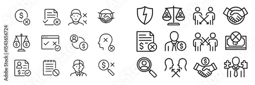 Collection of symbols illustrating financial concepts such as transactions, agreements, and legal matters in a minimalist style
