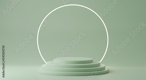 Minimalist 3d render of a pastel green display podium with a glowing circle