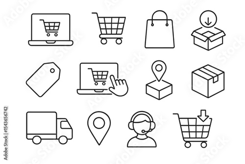 Shopping icons showcasing e-commerce activities and online purchasing elements suitable for various digital applications