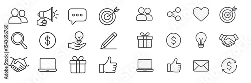 Collection of minimalistic icons representing communication, business, and teamwork concepts in a digital style