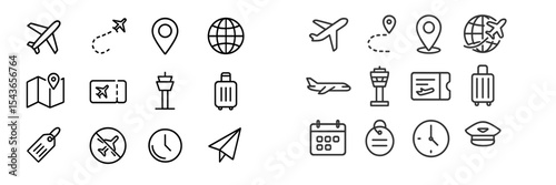 Travel icons represent various aspects of air travel and navigation around the world in a minimalist design