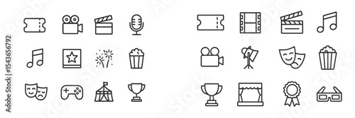 Creative collection of multimedia icons showcasing entertainment elements for film, music, and theater activities