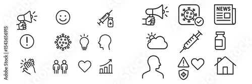Visual representation of public health messaging during the pandemic showcasing various icons and symbols related to safety and awareness