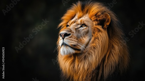 Majestic lion portrait against dark backdrop