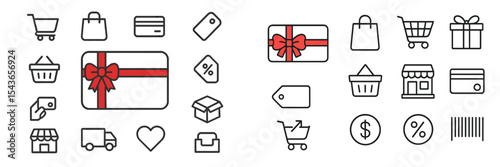 Gift card icons and shopping symbols representing retail activities in a minimalist design