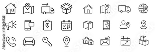 Illustrative icons of delivery, location services, and communication for transportation and logistics applications