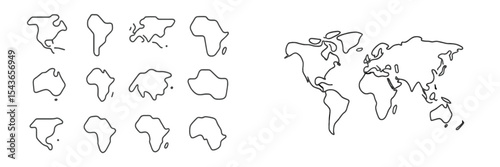 Detailed hand-drawn outline map of continents and world showcasing geographic shapes and features