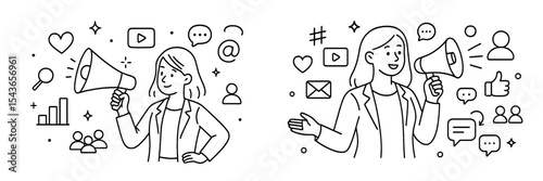 Engaging illustrations of women using megaphones to highlight communication and social media concepts