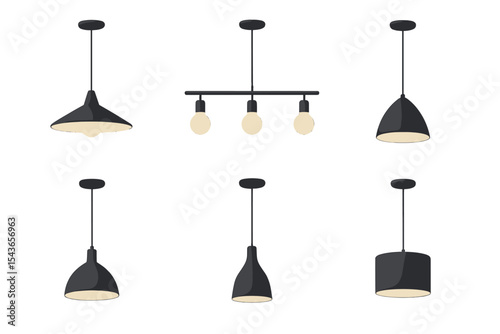 Elegant black pendant lamps in various designs arranged for stylish interior lighting options