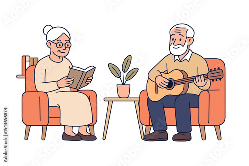 Seniors enjoying quality time with a book and guitar in a cozy living room setting