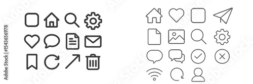 Collection of simple black line icons representing various digital interface elements on a clean white background