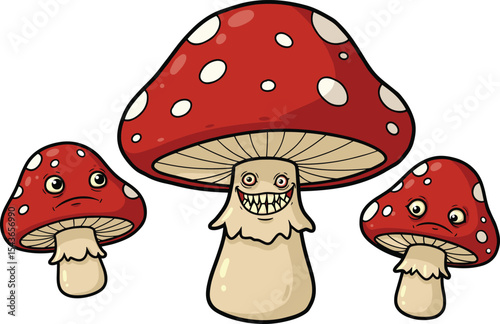 Cartoon mushrooms with faces, funny and creepy fungi, red toadstool characters illustration, spooky mushroom expressions, fantasy fungus drawing, Halloween weird cartoon concept