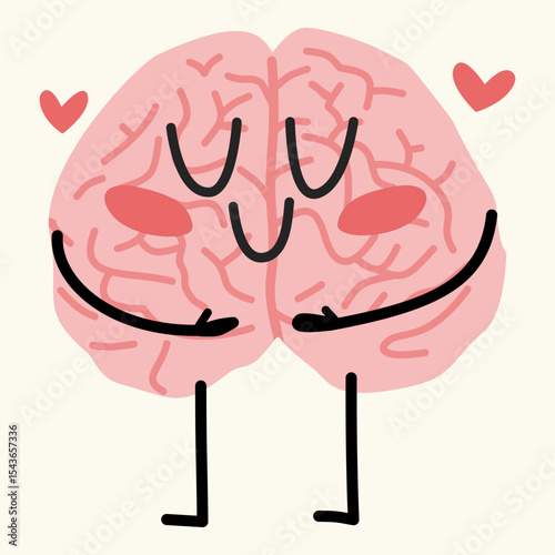 Brain hugging itself cartoon for mental health awareness
