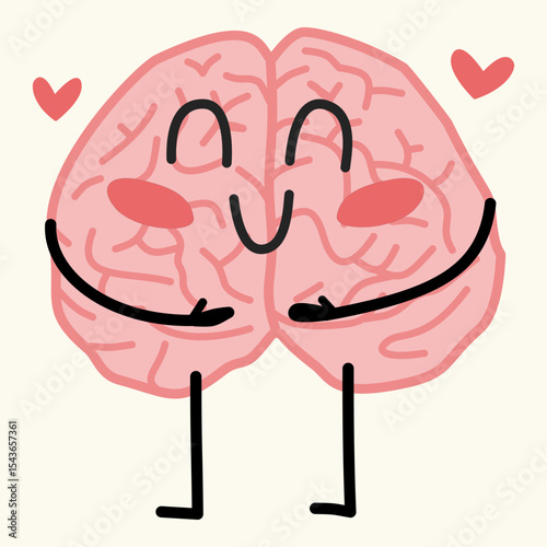 Brain hugging itself cartoon for mental health awareness