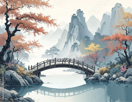 Wooden bridge over a reflective river in an autumn landscape. Scenic autumn colors with a stone bridge and peaceful lake. Calm river crossing under a wooden bridge with autumn colors.