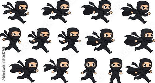 Cartoon ninja character sprite running animation sequence, black costume, action pose, game asset, martial arts, stealth, Japanese warrior, comic style illustration