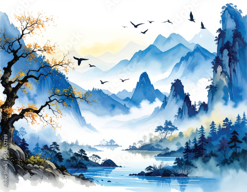Beautiful misty mountains with birds flying at dawn. Peaceful mountain landscape with birds and misty skies. Tranquil watercolor scene of mountains with flying birds
