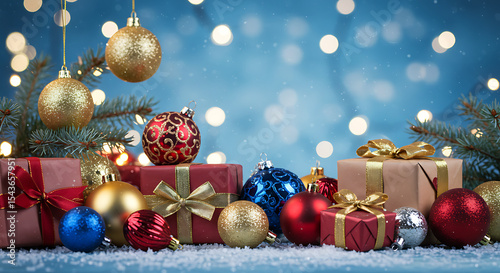 ornament christmas balls, presents, holiday lights, winter wonderland, snow, cozy atmosphere, festive decoration, shimmering, magical, bokeh
