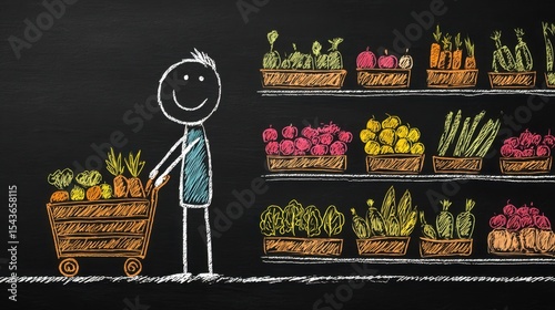 A stick figure shops with a cart of fresh fruits and vegetables, symbolizing dedication to healthful eating and lifestyle.

