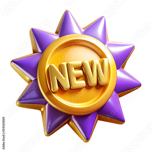 Shiny Gold and Purple New Product Badge, 3D Render