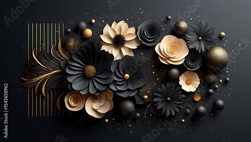 Elegant Black and Gold Paper Flowers A Luxurious Floral 3D Design