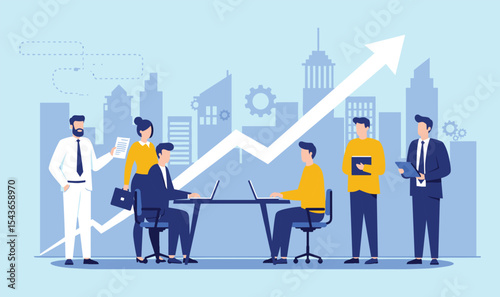  Dynamic Business Growth and Teamwork: Professionals Collaborating to Achieve Success with an Upward Trend Line over a Modern Cityscape Background flat vector illustration