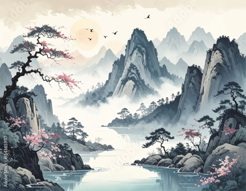 Serene misty mountains and river with blooming pink flowers. Calm and misty mountain river with lush greenery and trees. Peaceful mountain landscape with soft fog and flowing river