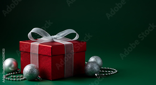 3d render, glossy red gift box with silver bow, ornamental white christmas balls, realistic lighting, dark green background
