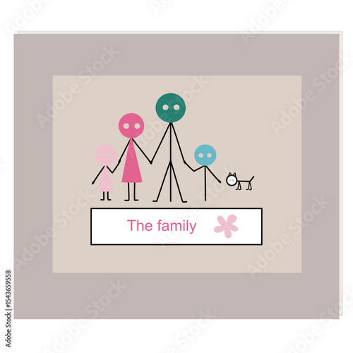 Vector illustration of happy family dad, mom, children and dog doodle design. Framed family photo style.