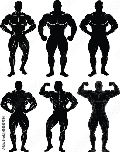 Collection of black silhouettes of men  body builders.
