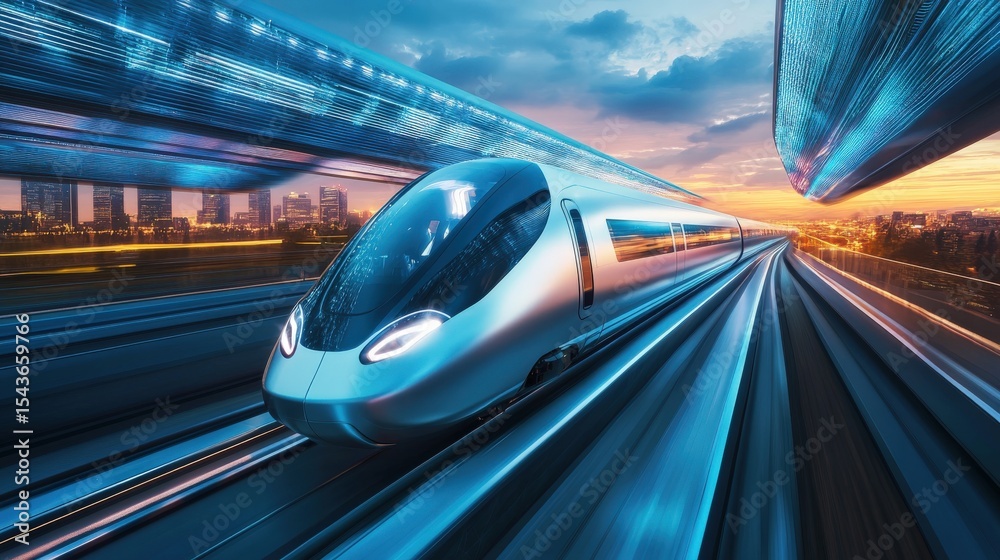 Obraz premium A modern high speed train traveling at amazing speeds through the city
