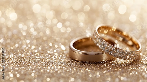 Diamond and Gold Wedding Rings on Shimmering Golden Glitter Background, Close Up
