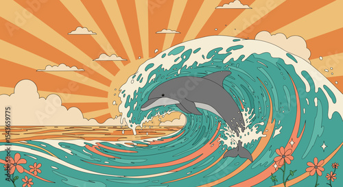 Psychedelic illustration of a dolphin riding a wave for beach-themed decor and marine conservation promotion