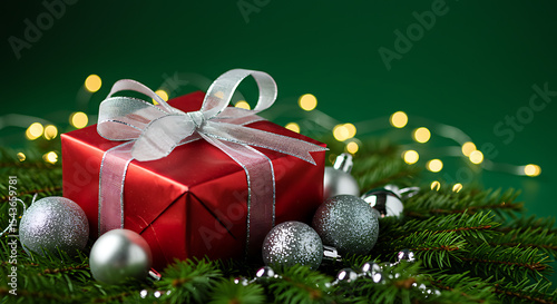 a red gift box with a white ribbon, surrounded by silver ornaments, pine branches, and blurred christmas lights on a dark green background

