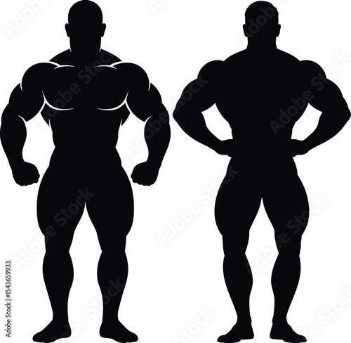 Collection of black silhouettes of men  body builders.