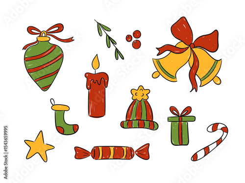 Collection Christmas and New Year elements like ornaments and gifts, bells, candle and star, candy can vector illustration