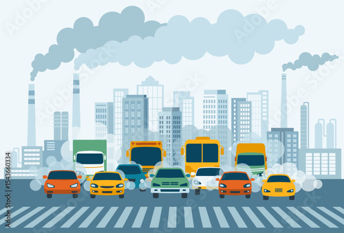 The issue of air pollution caused by industrial emissions and motor vehicles. Cars driving on a highway with carbon dioxide clouds in the background of industrial facilities
