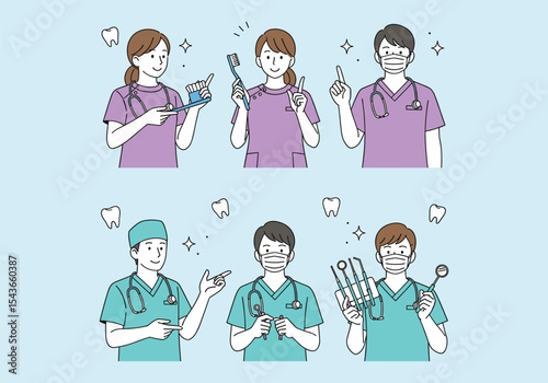 Dental Professionals with Tools - Oral Hygiene and Dentistry. Hand drawn style vector design illustrations.