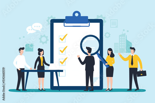 Business Team Collaboration and Task Management: Professionals Working on a Checklist with Magnifying Glass, Emphasizing Project Review and Strategic Planning for Success. flat vector illustration