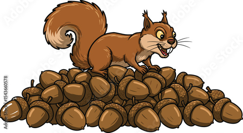 Cartoon squirrel on acorns, happy forest animal illustration, cute woodland creature with nuts, autumn wildlife stock image, adorable rodent drawing, nature cartoon clipart