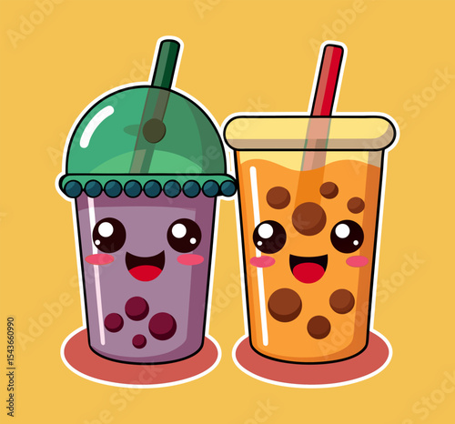 A bundle of Cute cartoon boba tea sticker. Kawaii Bubble Tea Drinks with Different Flavors and Smiling Faces on a Yellow Background