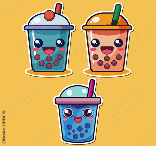 A bundle of Cute cartoon boba tea sticker. Kawaii Bubble Tea Drinks with Different Flavors and Smiling Faces on a Yellow Background