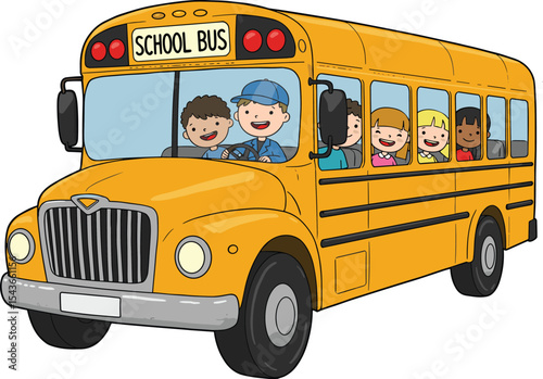 Cartoon yellow school bus with happy kids, transportation vehicle, children going to school, back to school illustration, education, classroom trip, driver with students
